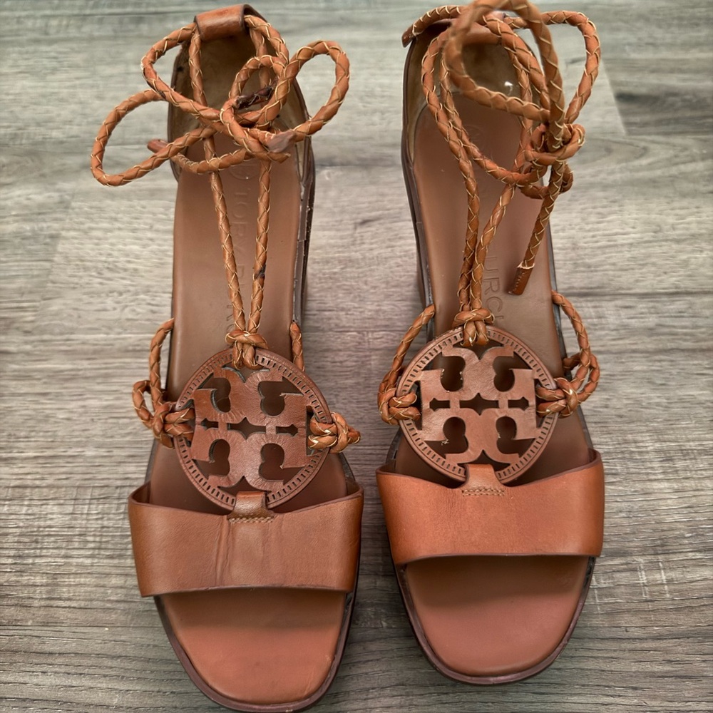 Tory Burch Tan Leather Wedge Sandals with Logo Medallions